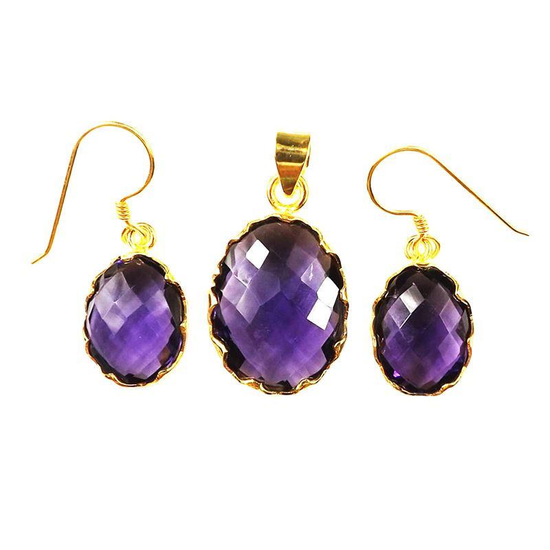Amethyst quartz oval pendant and earrings set with 18K gold overlay over copper and detailed faceted finish.