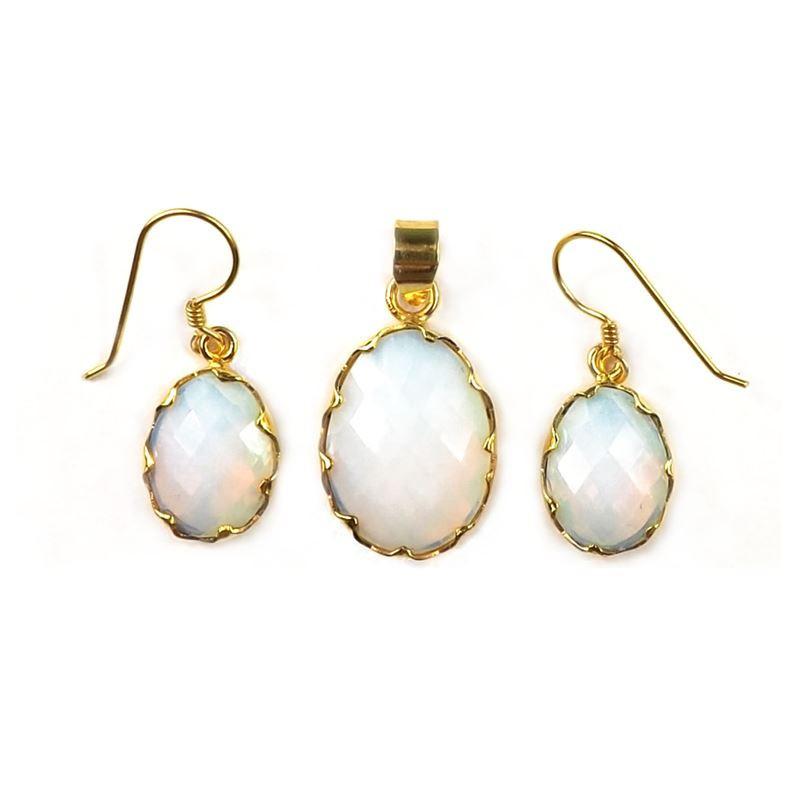 18K Gold Overlay Crystal Quartz Oval Pendant And Earring Set