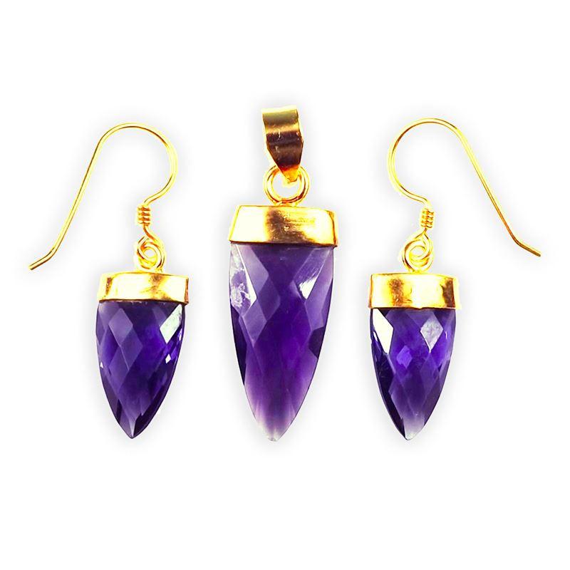 Faceted spear-cut Amethyst Quartz pendant and earrings with 18K gold overlay over copper and polished gold caps.