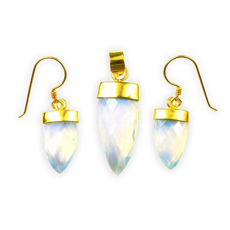 Crystal quartz spear-cut pendant and earrings with 18K gold overlay over copper and polished gold caps.