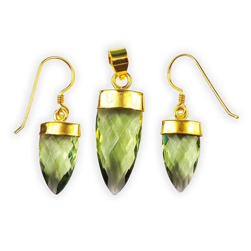 Green Amethyst Quartz spear-cut pendant and earrings with 18K gold overlay over copper and gold-polished caps.