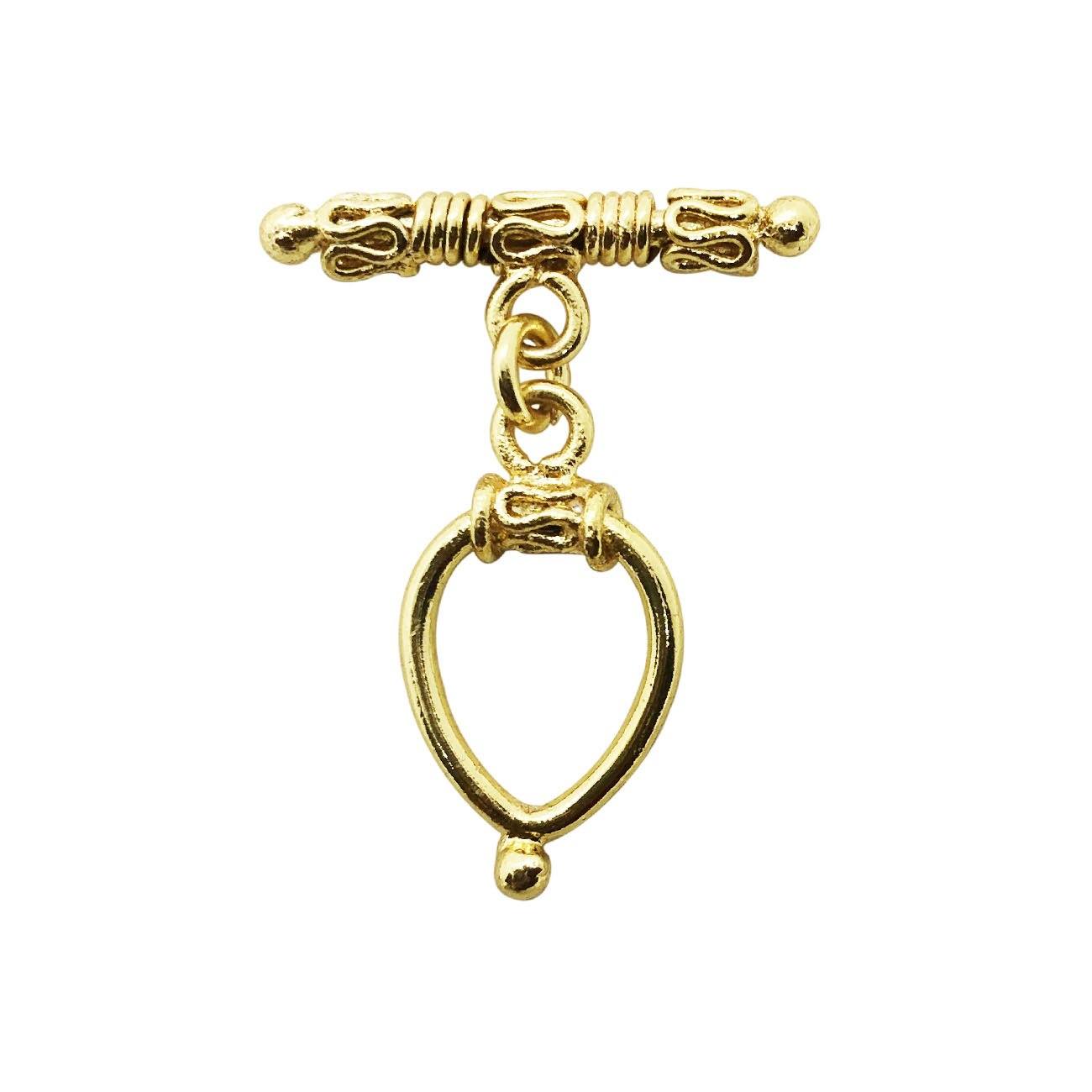 Handmade 18K gold overlay toggle clasp with ornate decorative bar and teardrop loop, crafted in India for bracelets and necklaces