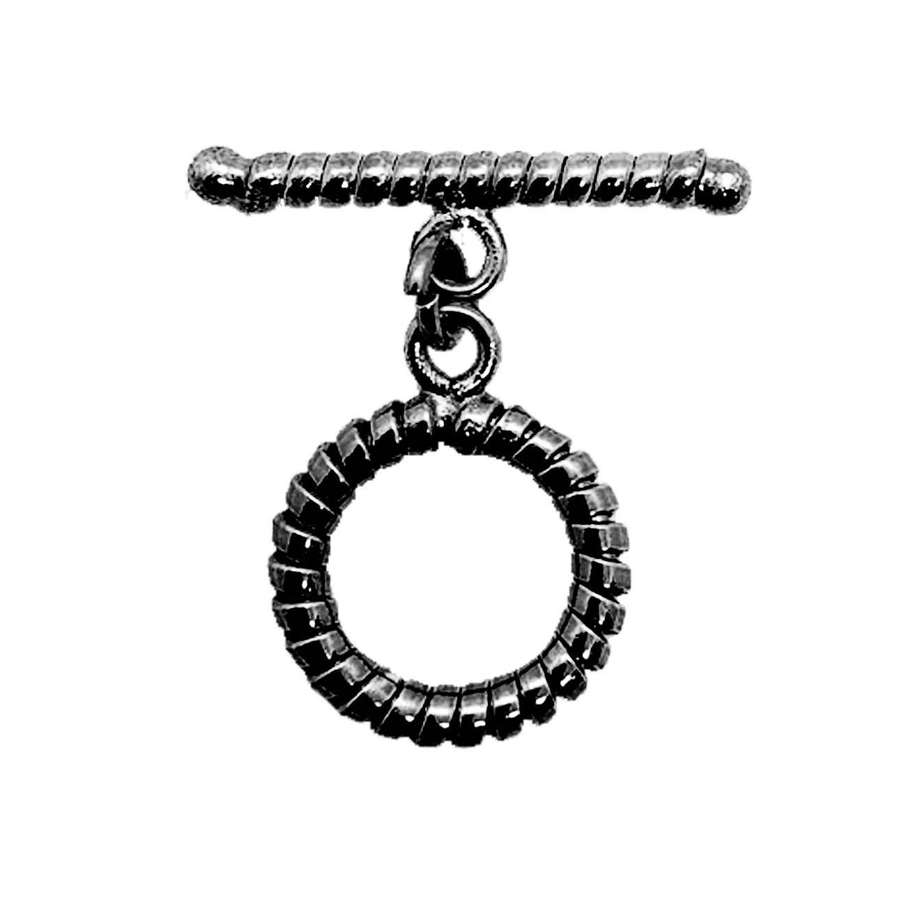Handcrafted Black Rhodium Overlay toggle clasp from India with textured circular ring and twisted bar design.