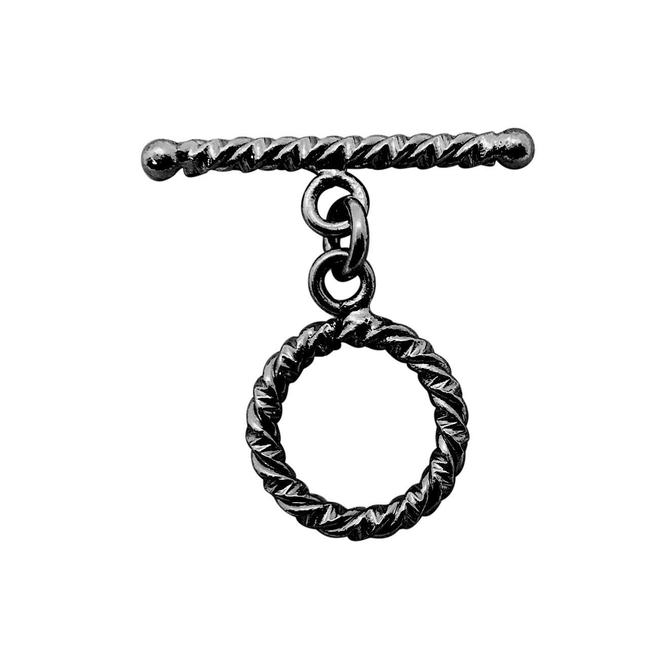 Handcrafted Black Rhodium Overlay twisted toggle clasp with textured circular ring and bar, made in India.