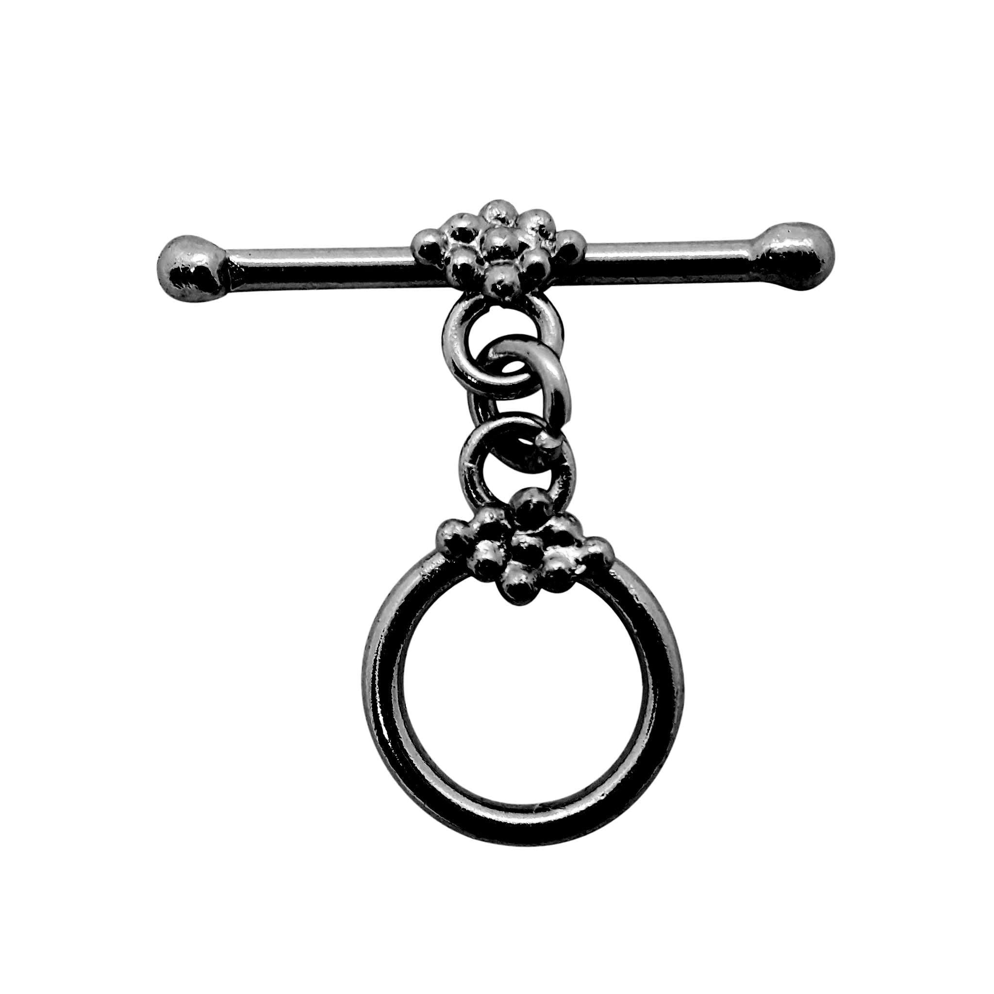 Handcrafted Black Rhodium Overlay floral toggle clasp jewelry with ball accents and circular ring, made in India.