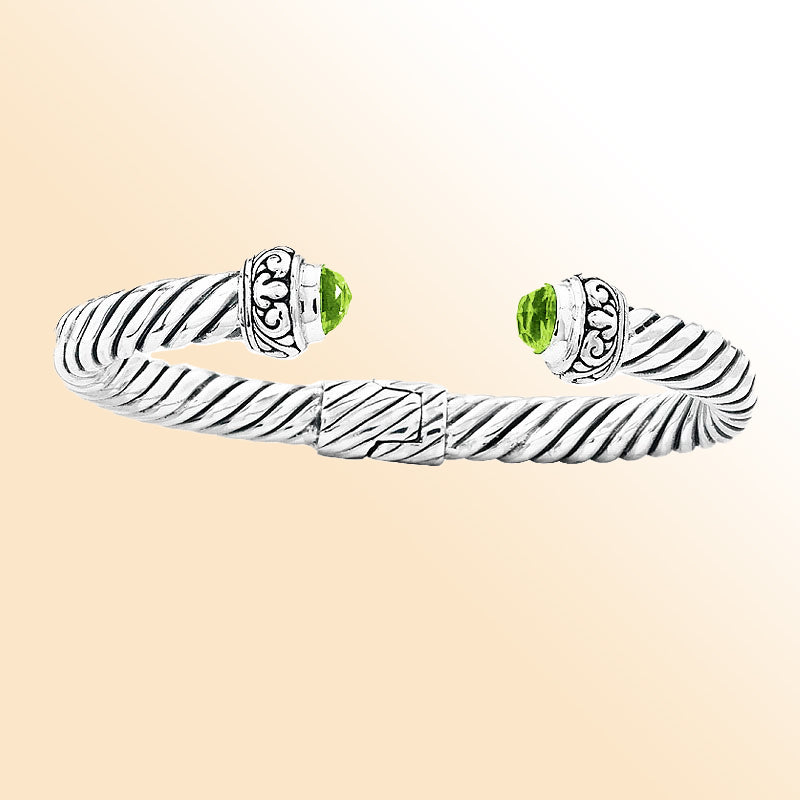 "Handcrafted sterling silver peridot cuff Bangle with twisted cable rope design and Balinese scrollwork"