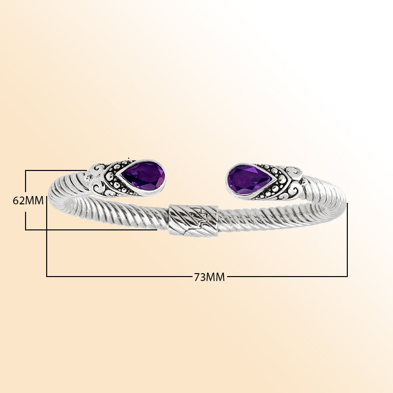 "Handmade sterling silver Amethyst Bali cuff Bangle with rope twist design and teardrop Quartz "