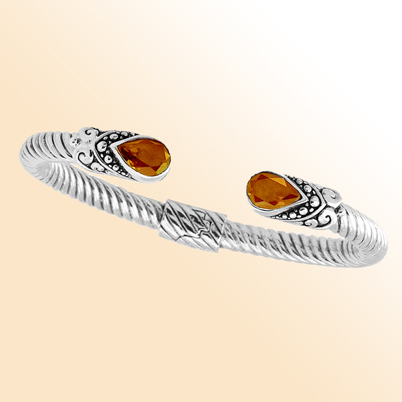 "Handmade sterling silver Citrine Bali cuff Bangle with rope twist design and Quartz accents"