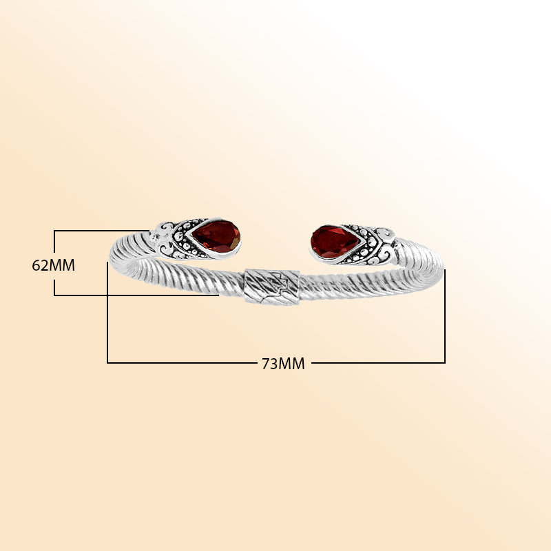 Handmade Balinese sterling silver cuff Bangle with pear garnet Quartz and twisted cable band