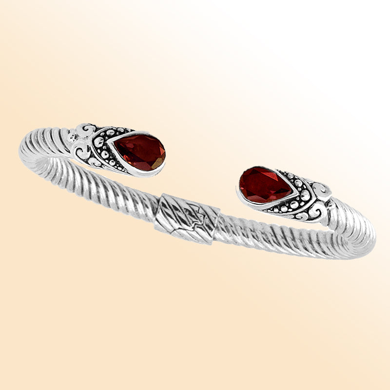 Handmade Balinese sterling silver cuff Bangle with pear garnet Quartz and twisted cable band