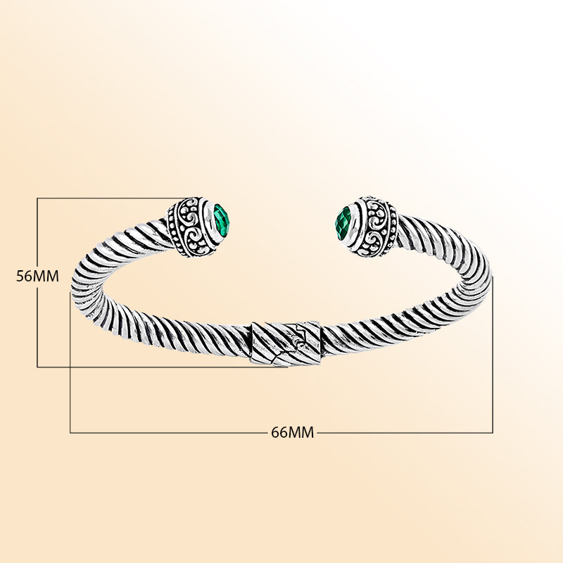 Handmade sterling silver Balinese cuff bangle with round green quartz and twisted rope design