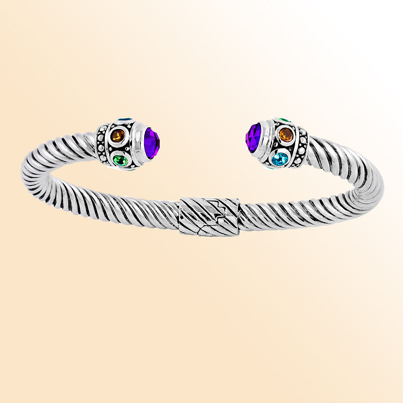 Handmade Balinese sterling silver cuff bangle with amethyst, citrine, blue topaz, and green quartz 