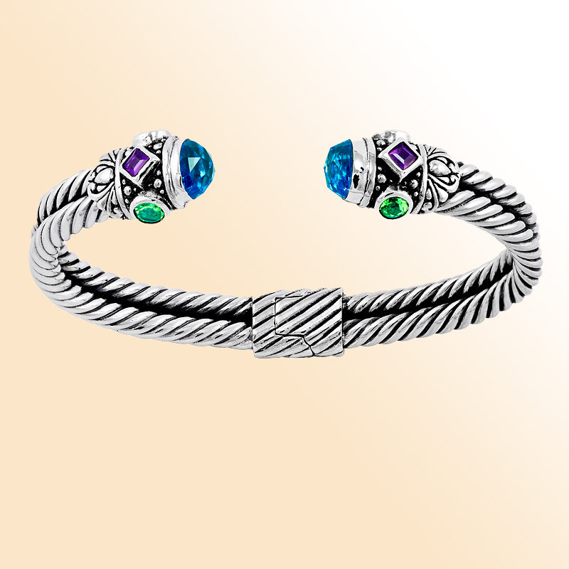 Handmade sterling silver Balinese cuff bangle with blue topaz, amethyst, and Peridot quartz gemstones