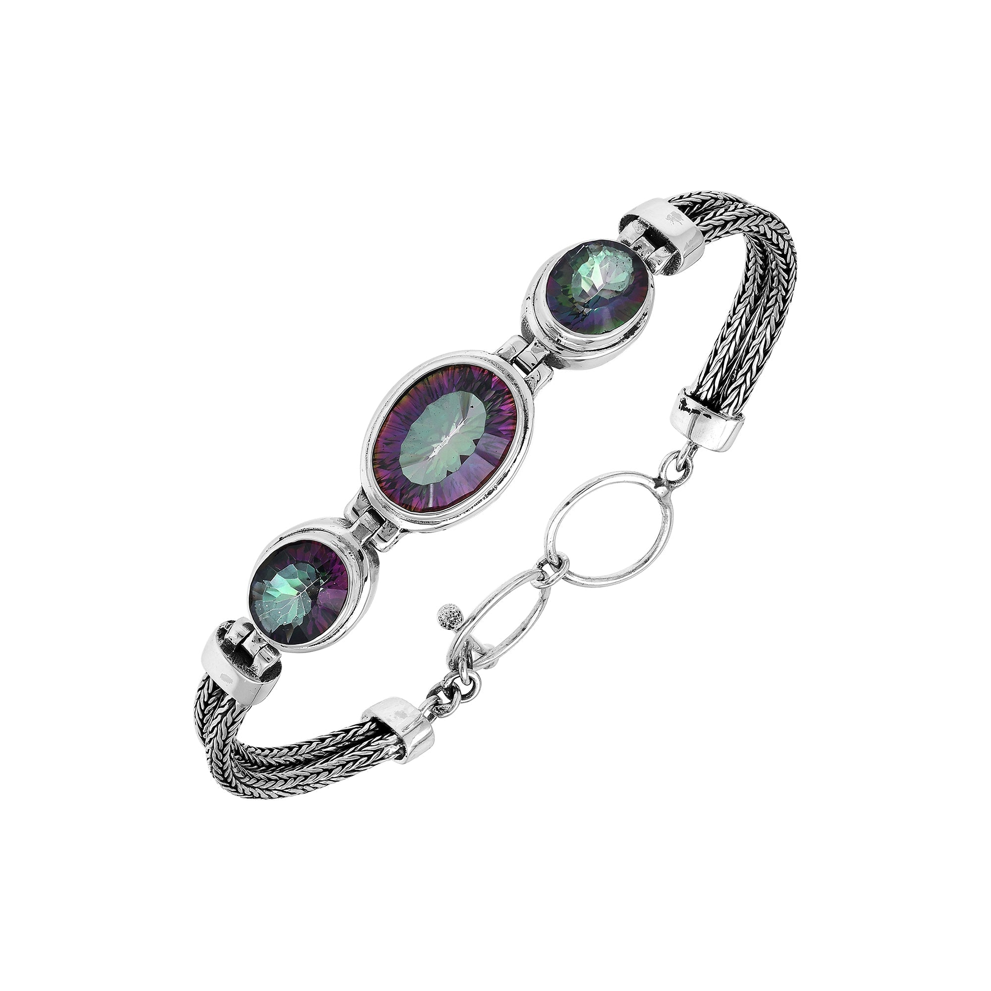 Handcrafted silver bracelet with mystic quartz stones in woven Bali design.