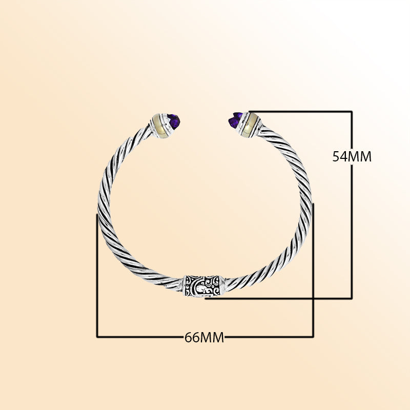 Wholesale sterling silver cable bangle with amethyst quartz accents, handcrafted in Bali.