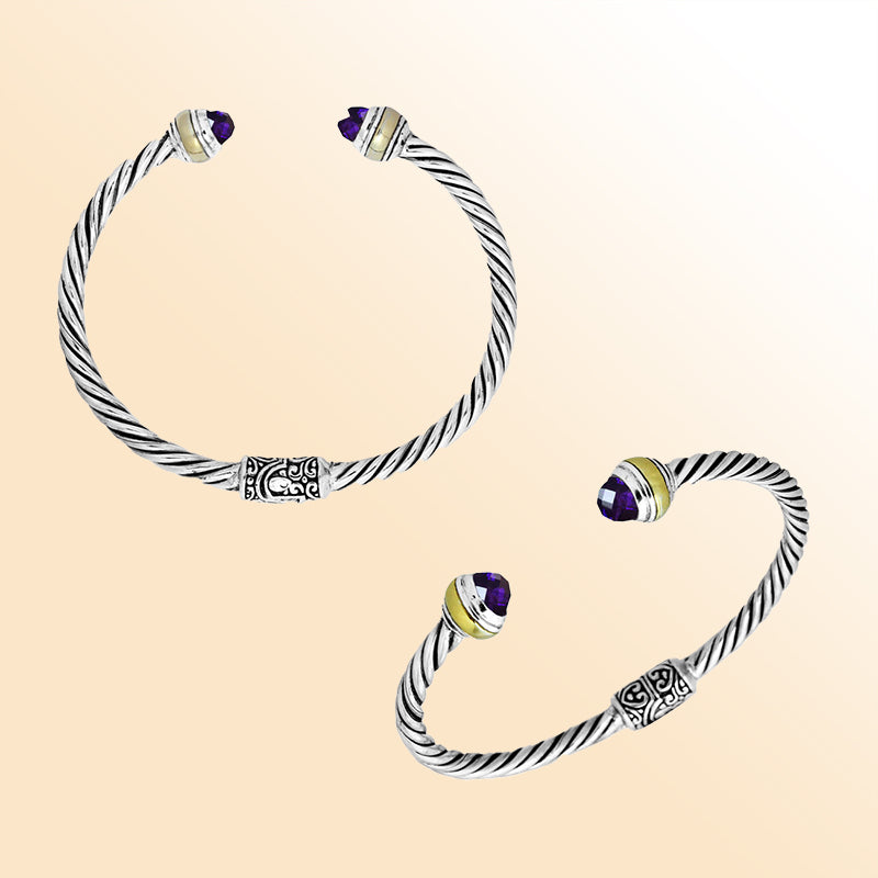 Wholesale sterling silver cable bangle with amethyst quartz accents, handcrafted in Bali.