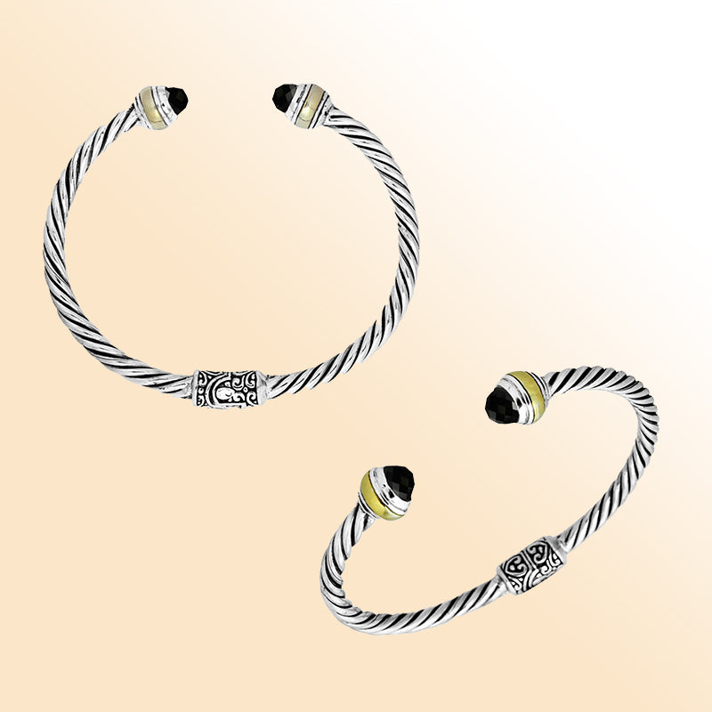 Sterling silver Black Onyx cuff bangle with faceted stones, brass detailing, and twisted rope design, handmade in Bali.