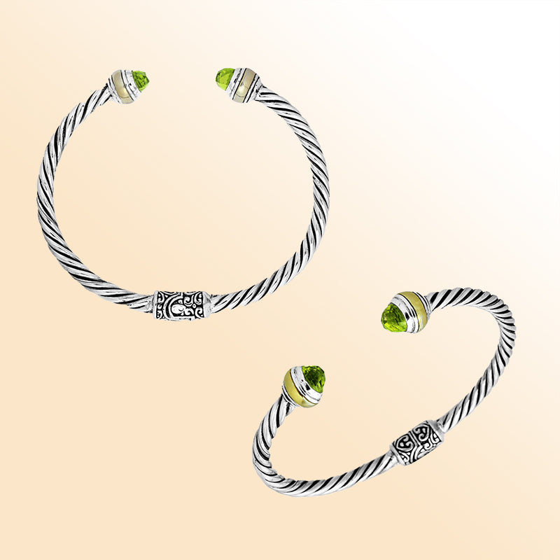 Sterling silver cuff bangle with faceted Peridot Quartz, 18K gold accents, and twisted rope design, handcrafted in Bali.