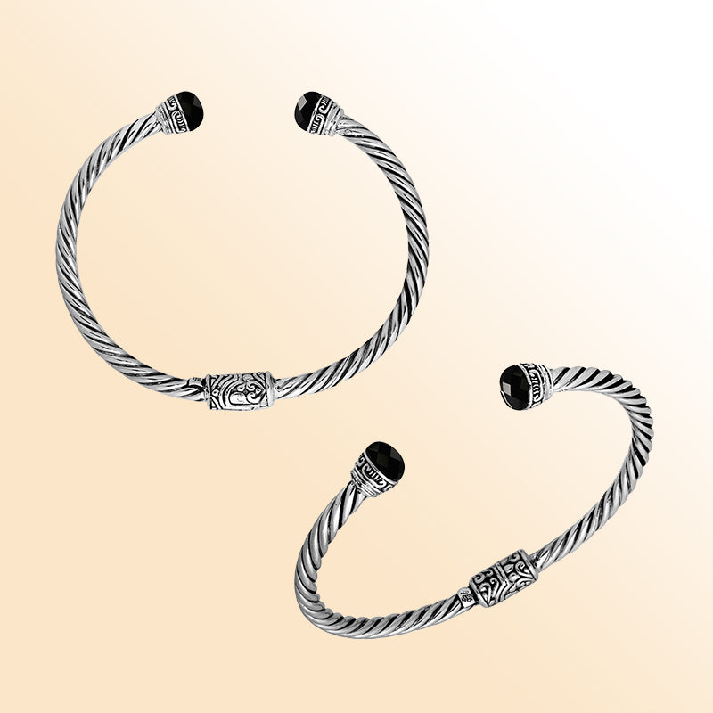 Sterling silver cuff bangle with faceted Black Onyx stones and Balinese detailing, handmade in Bali.