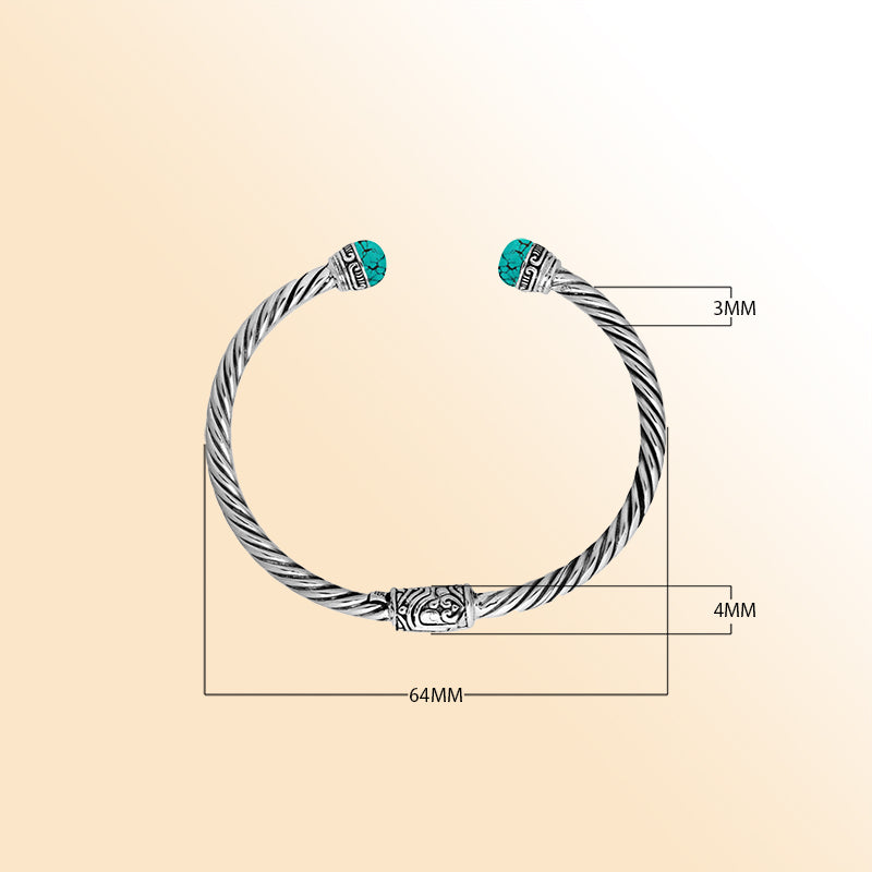 Sterling silver cuff bangle with turquoise shell cabochons and Balinese detailing, handmade in Bali.
