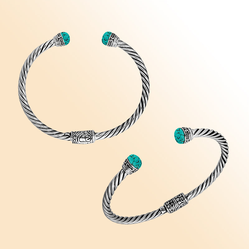 Sterling silver cuff bangle with turquoise shell cabochons and Balinese detailing, handmade in Bali.