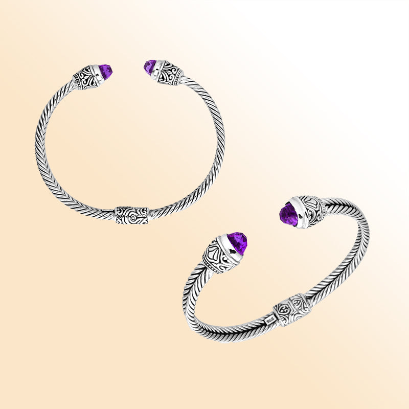 Sterling silver cuff bangle with faceted Amethyst Quartz stones and Balinese detailing, handmade in Bali.