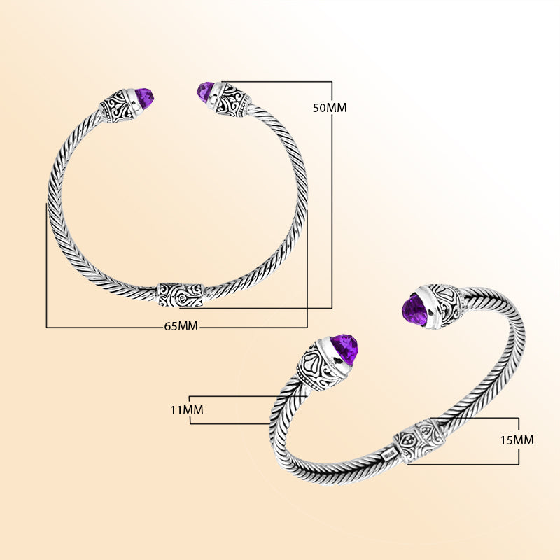 Sterling silver cuff bangle with faceted Amethyst Quartz stones and Balinese detailing, handmade in Bali.