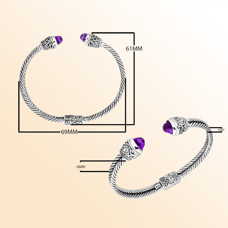 Sterling silver cuff bangle with faceted Amethyst Quartz stones and Balinese detailing, handmade in Bali.