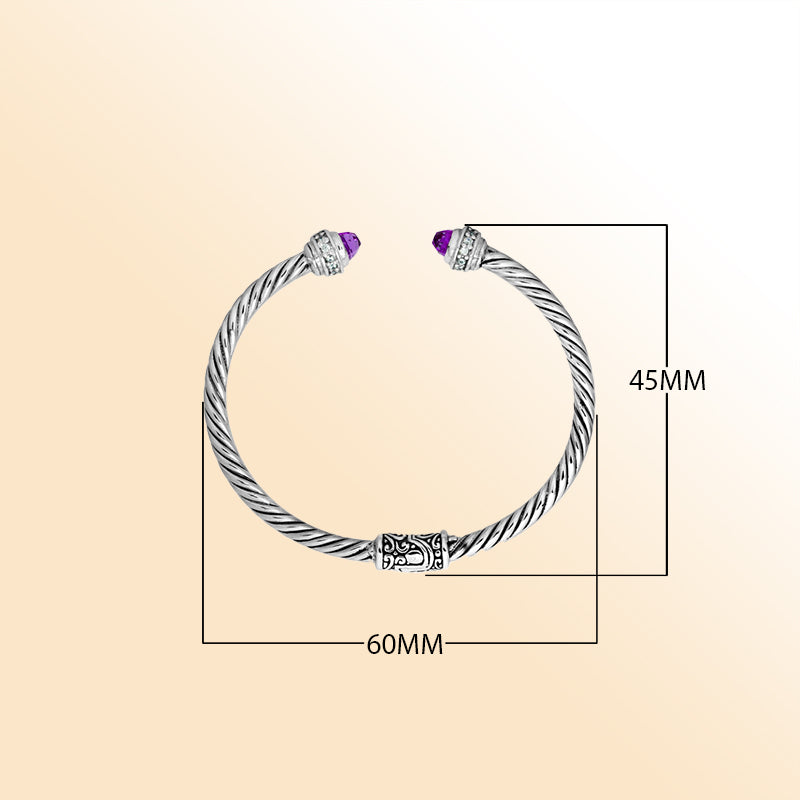 Handcrafted Bali sterling silver bangle with Amethyst Quartz and Cubic Zirconia accents, detailed rope design, adjustable open cuff.