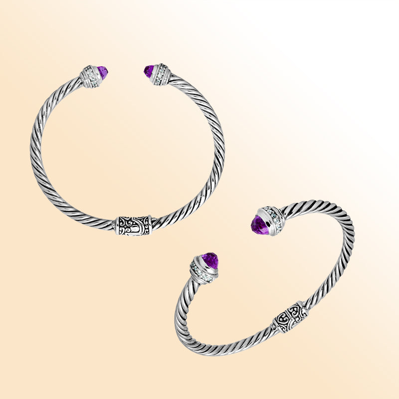 Handcrafted Bali sterling silver bangle with Amethyst Quartz and Cubic Zirconia accents, detailed rope design, adjustable open cuff.