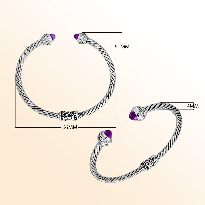 Handcrafted Bali sterling silver bangle with Amethyst Quartz and Cubic Zirconia accents, detailed rope design, adjustable open cuff.