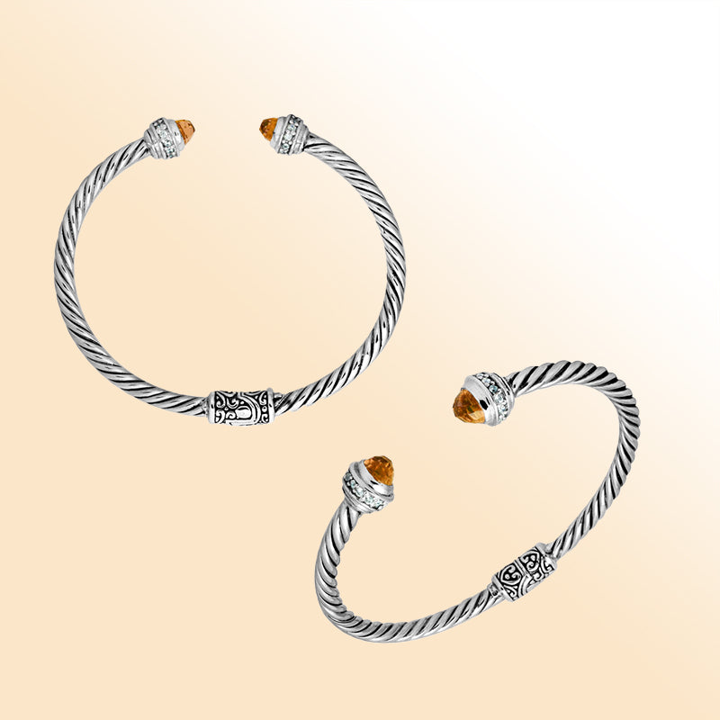 Handcrafted Bali sterling silver bangle featuring Citrine Quartz and Cubic Zirconia accents, rope-style design with ornate detailing.
