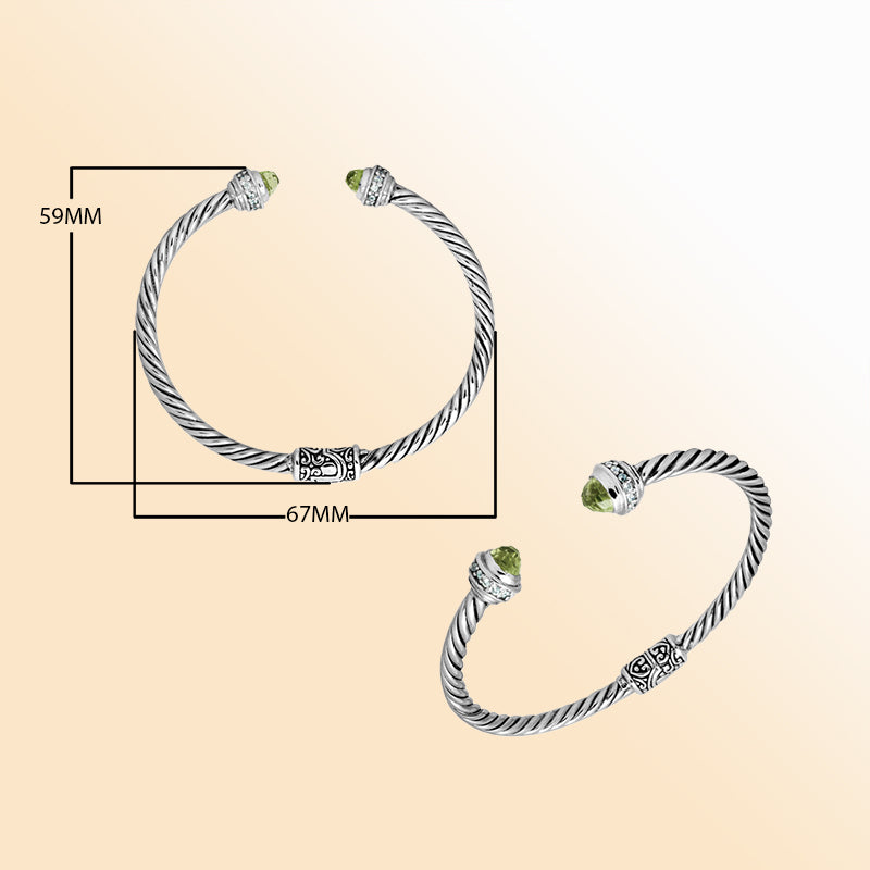 Handcrafted Bali sterling silver bangle with Green Amethyst Quartz and Cubic Zirconia, rope-style design with ornate detailing.