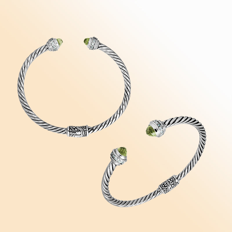 Handcrafted Bali sterling silver bangle with Green Amethyst Quartz and Cubic Zirconia, rope-style design with ornate detailing.