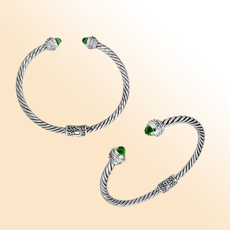 Handcrafted Bali sterling silver bangle with Green Quartz and Cubic Zirconia accents, rope-style design, adjustable open cuff.