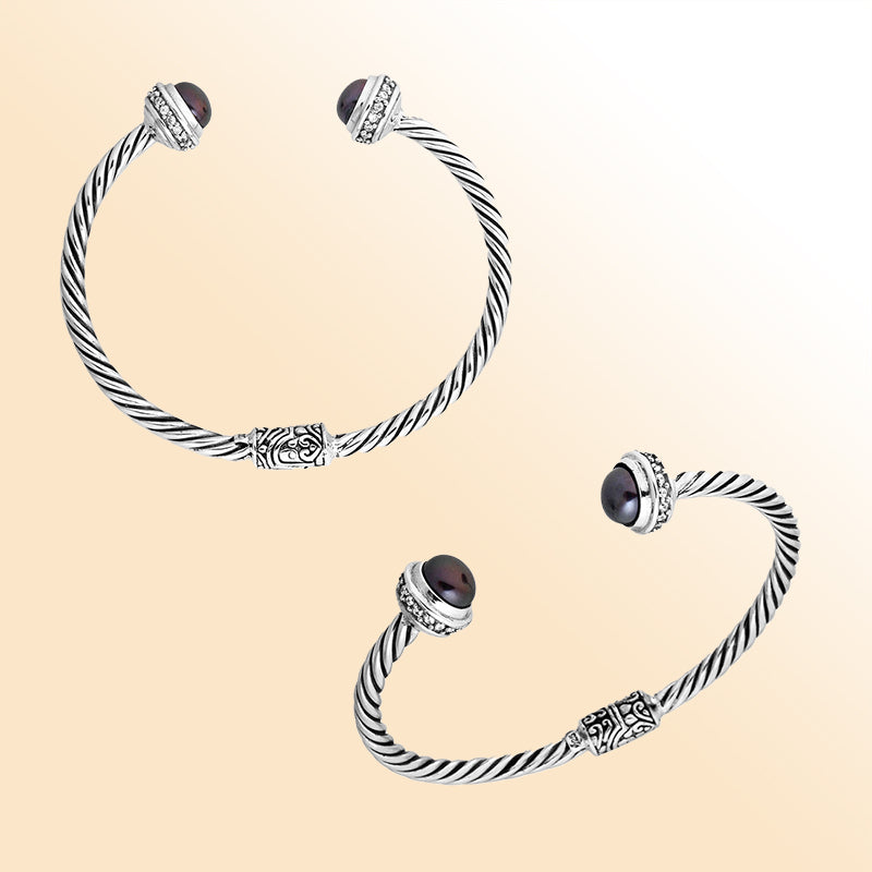 Elegant sterling silver bangle with gray pearl and cubic zirconia, open cuff design handcrafted in Bali.
