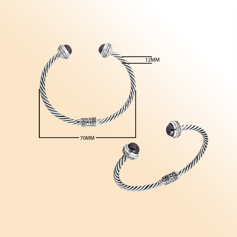 Elegant sterling silver bangle with gray pearl and cubic zirconia, open cuff design handcrafted in Bali.