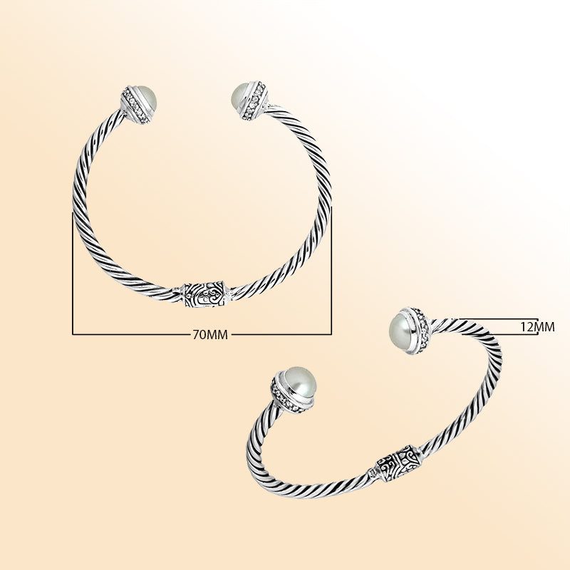 Elegant sterling silver bangle with pearl and cubic zirconia, open cuff handcrafted in Bali.