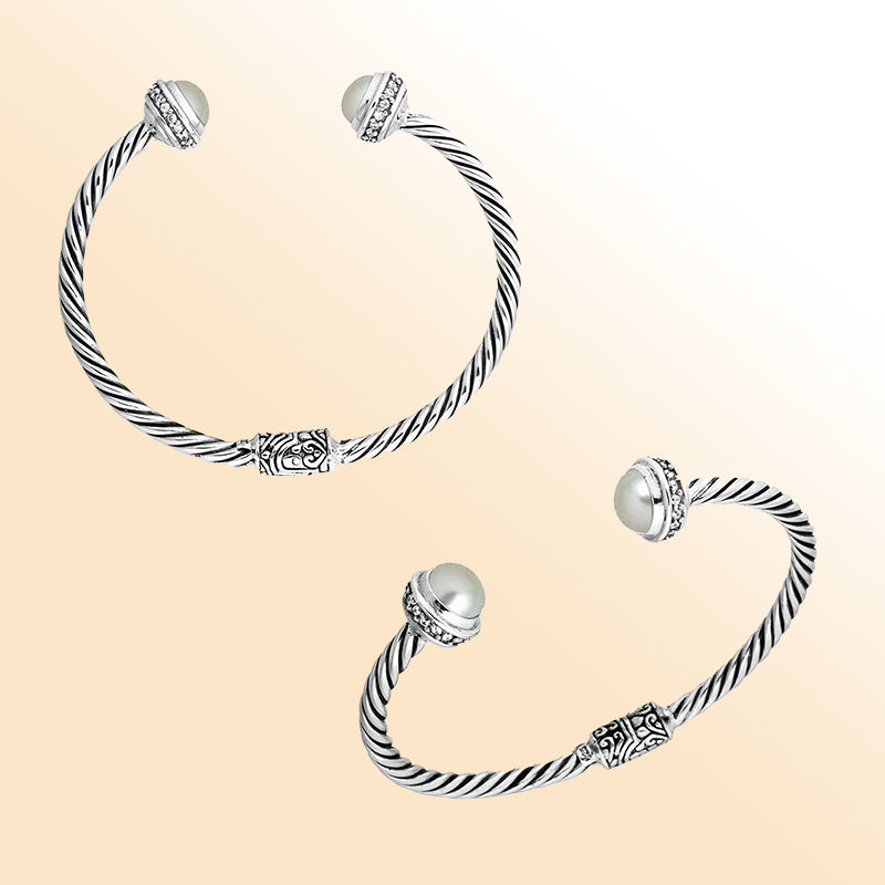 Elegant sterling silver bangle with pearl and cubic zirconia, open cuff handcrafted in Bali.