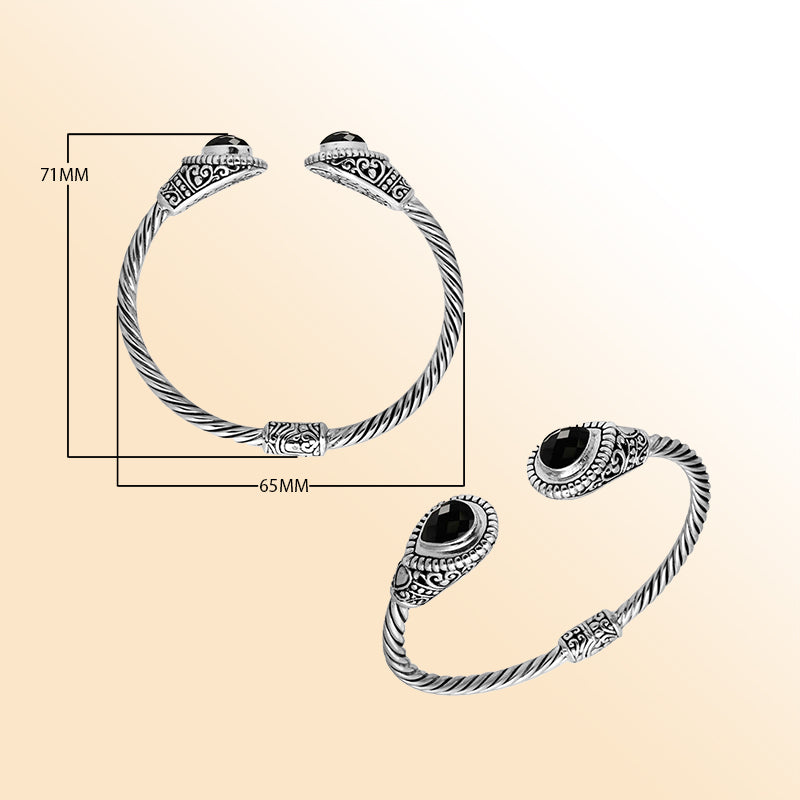 Elegant sterling silver black onyx bangle bracelet, open cuff handcrafted in Bali.