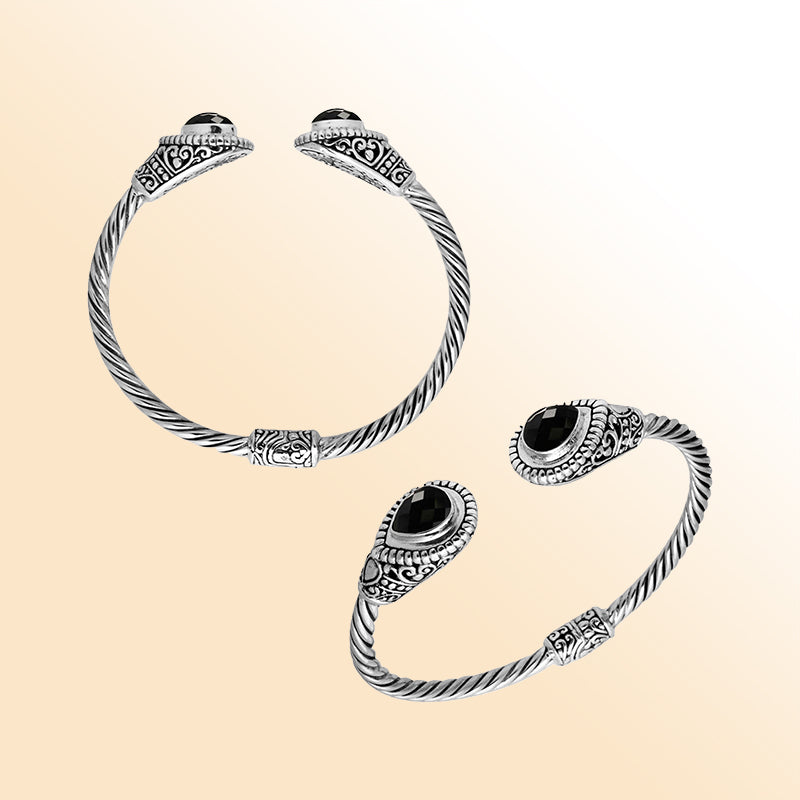 Elegant sterling silver black onyx bangle bracelet, open cuff handcrafted in Bali.