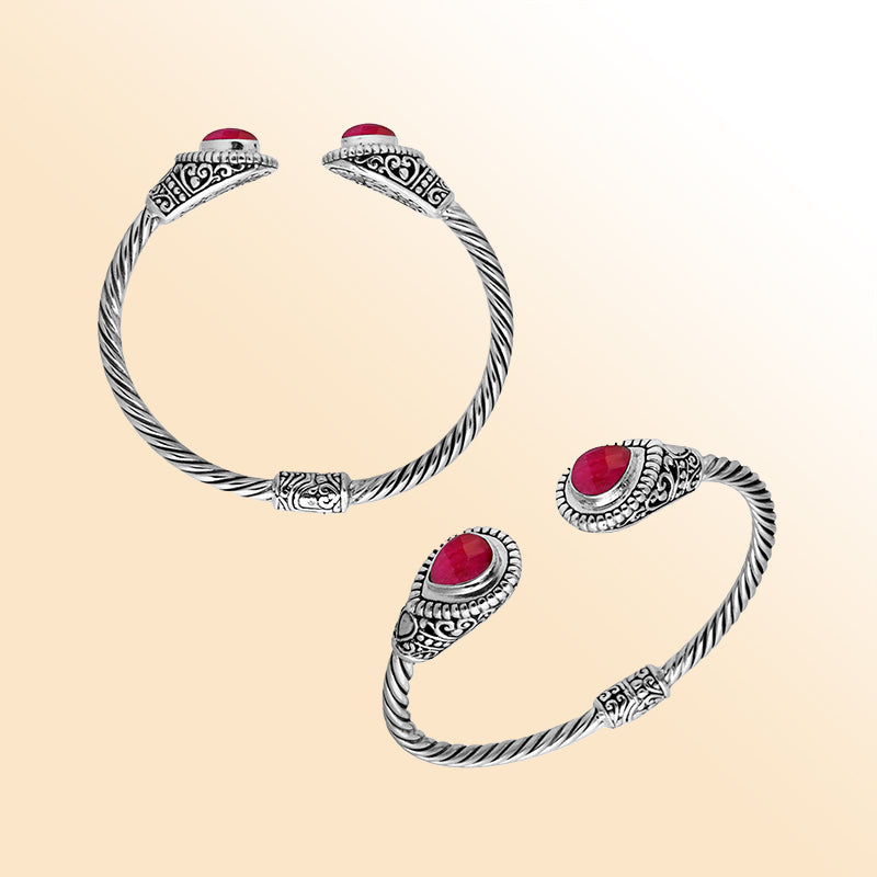 Elegant sterling silver bangle bracelet with ruby , handcrafted in Bali.