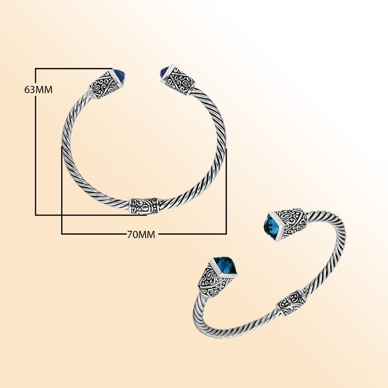 Elegant sterling silver blue topaz quartz bangle bracelet, handcrafted open cuff in Bali.