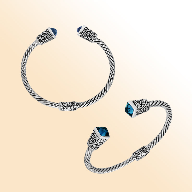 Elegant sterling silver blue topaz quartz bangle bracelet, handcrafted open cuff in Bali.