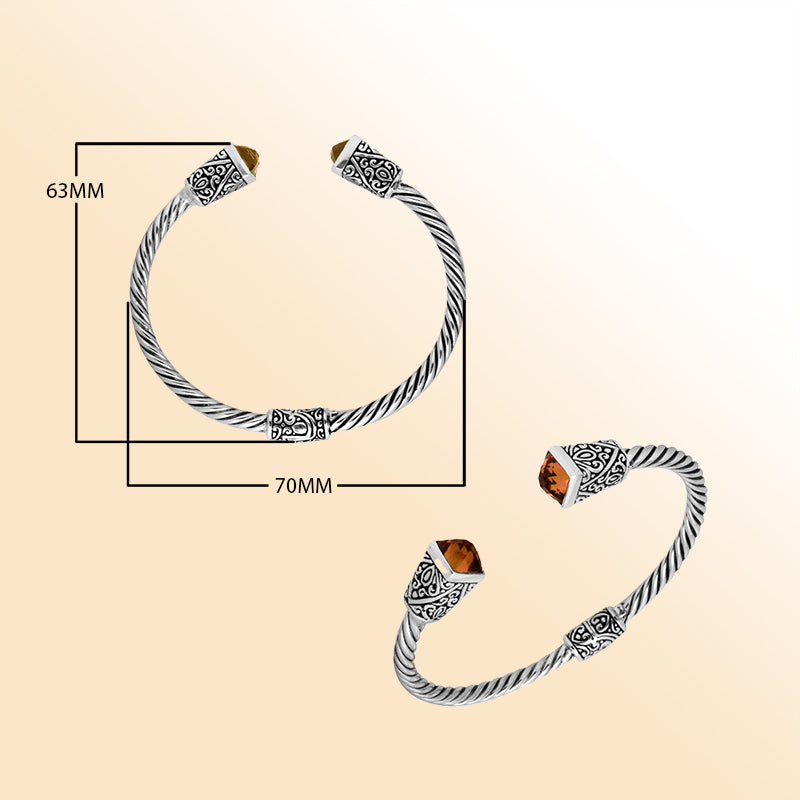 Elegant sterling silver Citrine Quartz bangle bracelet, handcrafted open cuff in Bali.
