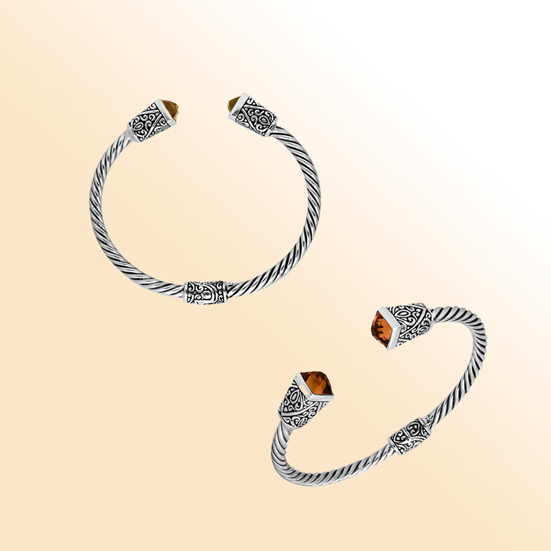 Elegant sterling silver Citrine Quartz bangle bracelet, handcrafted open cuff in Bali.