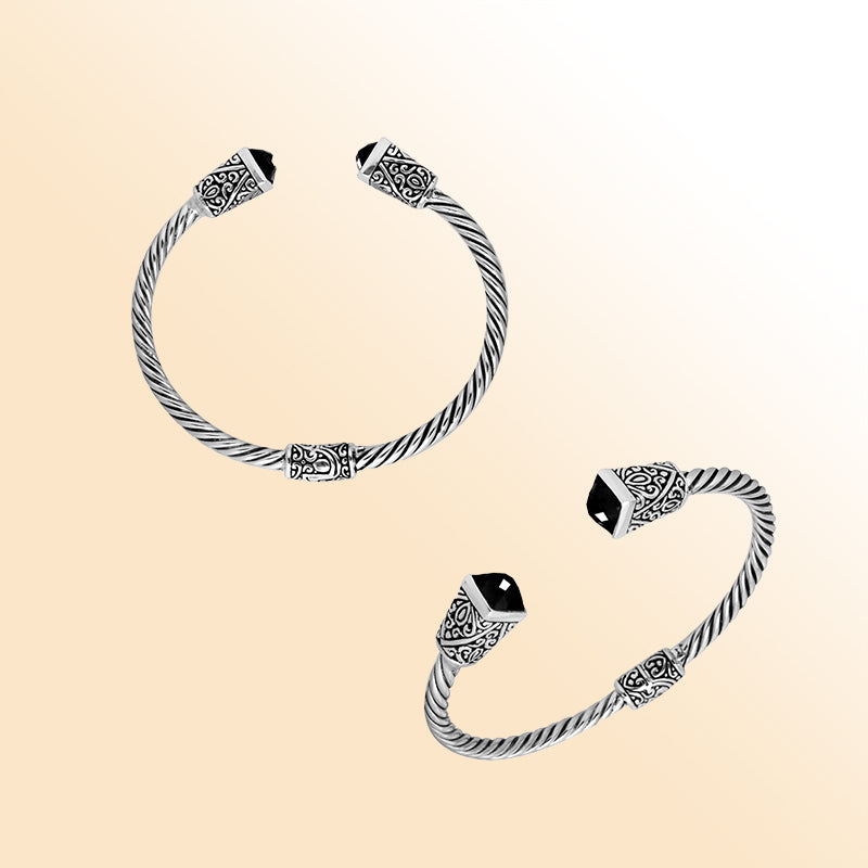 Elegant sterling silver Black Onyx bangle, handcrafted open cuff in Bali.