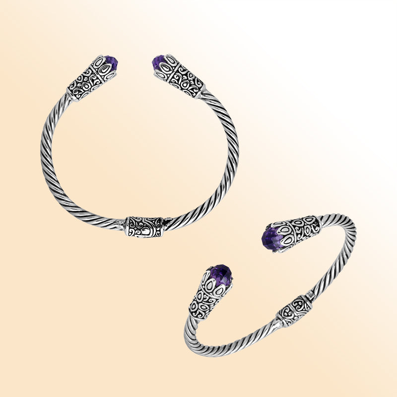 Elegant sterling silver Amethyst Quartz bangle, handcrafted open cuff in Bali.