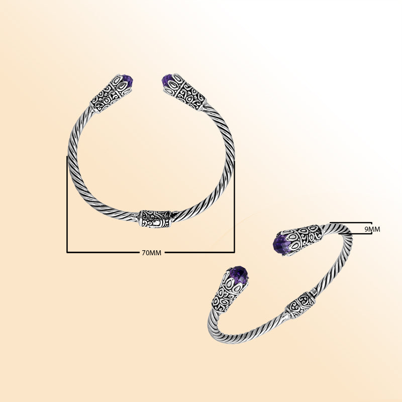 Elegant sterling silver Amethyst Quartz bangle, handcrafted open cuff in Bali.