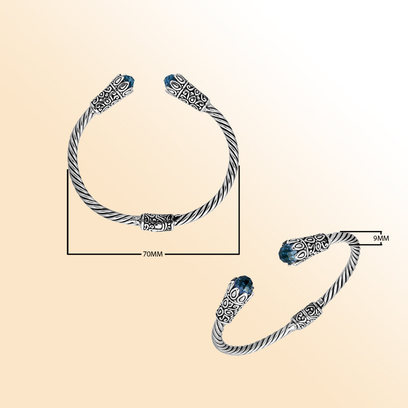 Elegant sterling silver Blue Topaz Quartz bangle, handcrafted open cuff in Bali.
